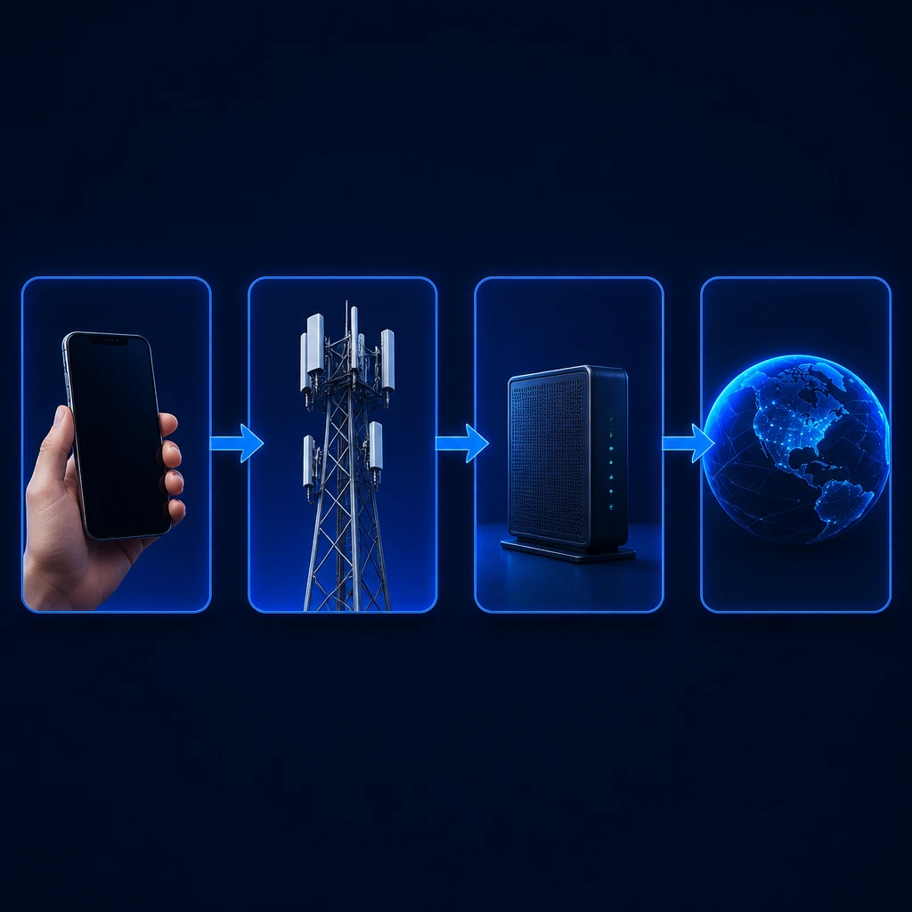 A chain diagram showing a phone, a cell tower, a carrier gateway and the internet joined by arrows, with each link drawn separately.