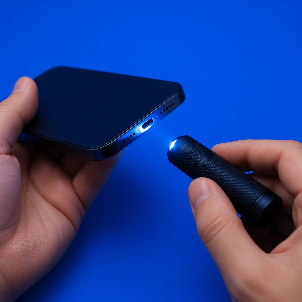 A person shines a small flashlight into the charging port of a smartphone held in their other hand.