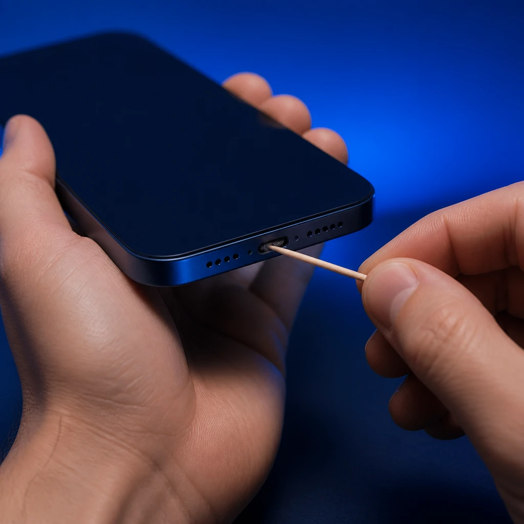 A wooden toothpick lifting a plug of compressed lint out of a smartphone's charging port.