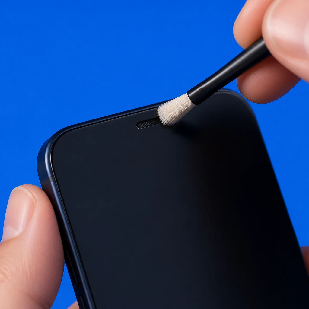 A soft-bristled brush cleaning the earpiece opening at the top of a phone's screen