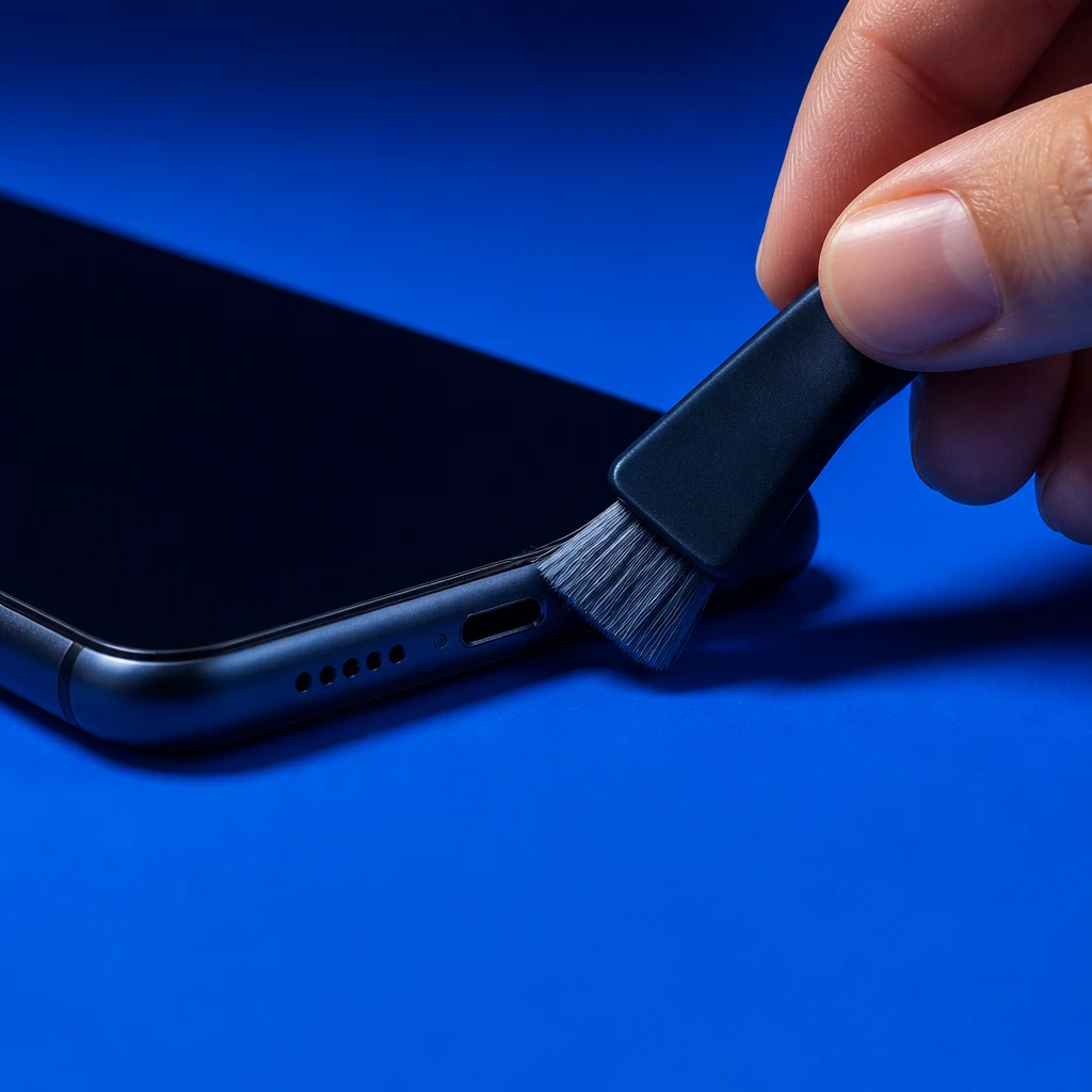 A soft-bristled brush being used on a phone speaker grille